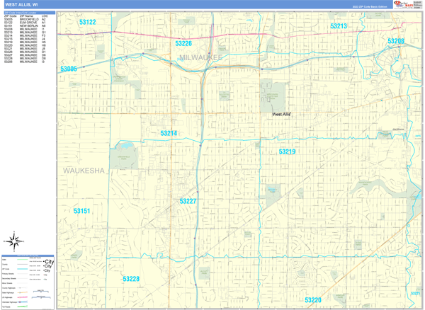 West Allis City Wall Map Basic Style